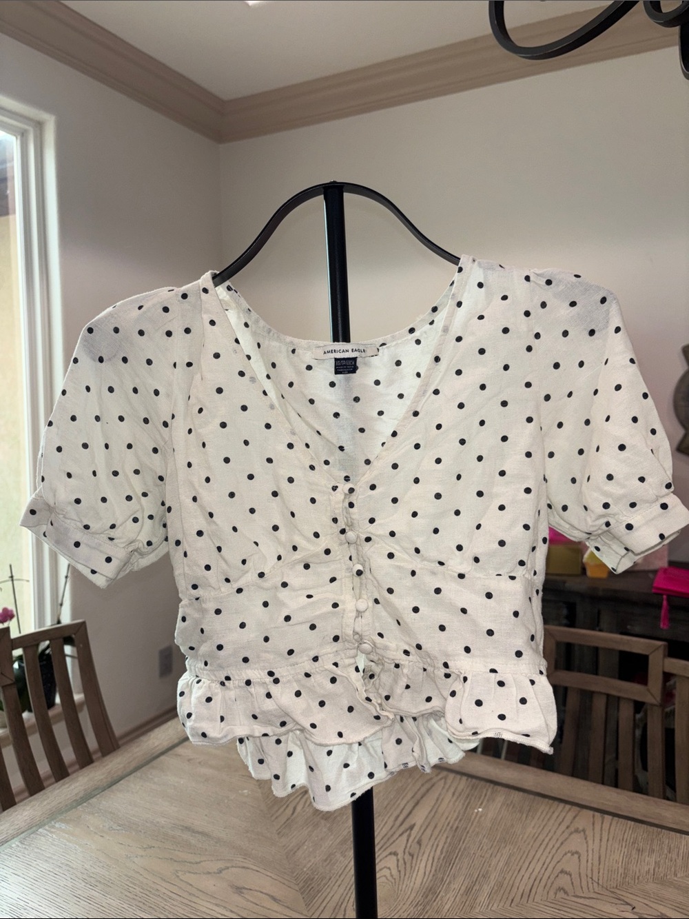 American Eagle Outfitters White and Black Polka Dot Ruched Crop Top